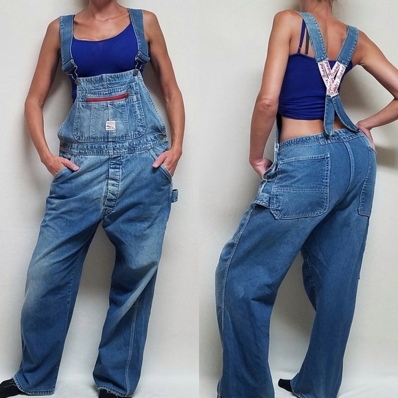 VINTAGE Pointer Brand Stone Wash Distressed Loose Fit Wide Leg Overalls Grunge